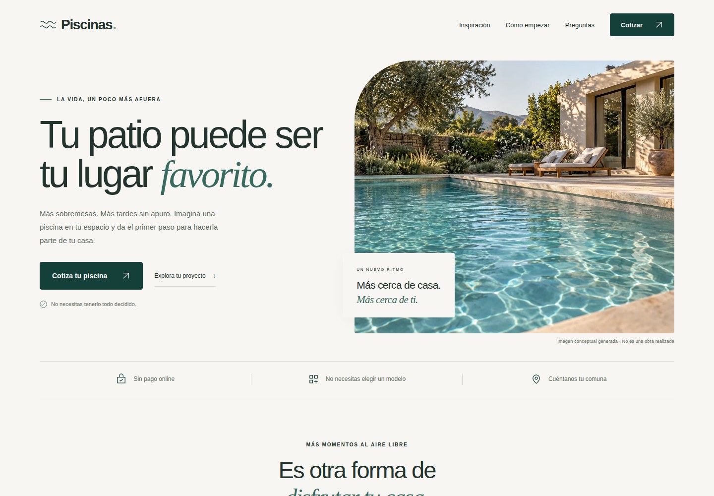 Captura de la página de Piscinas con su presentación y acceso a cotizar