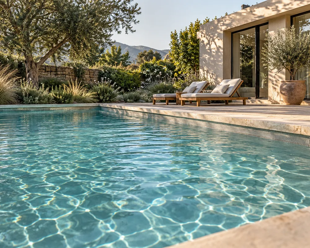 Imagen conceptual del borde de una piscina y los reflejos del agua junto al jardín