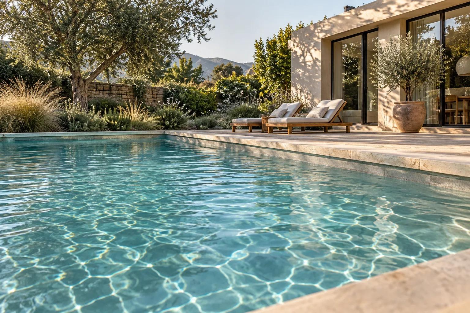Imagen conceptual de una piscina de agua turquesa integrada a un jardín de una casa